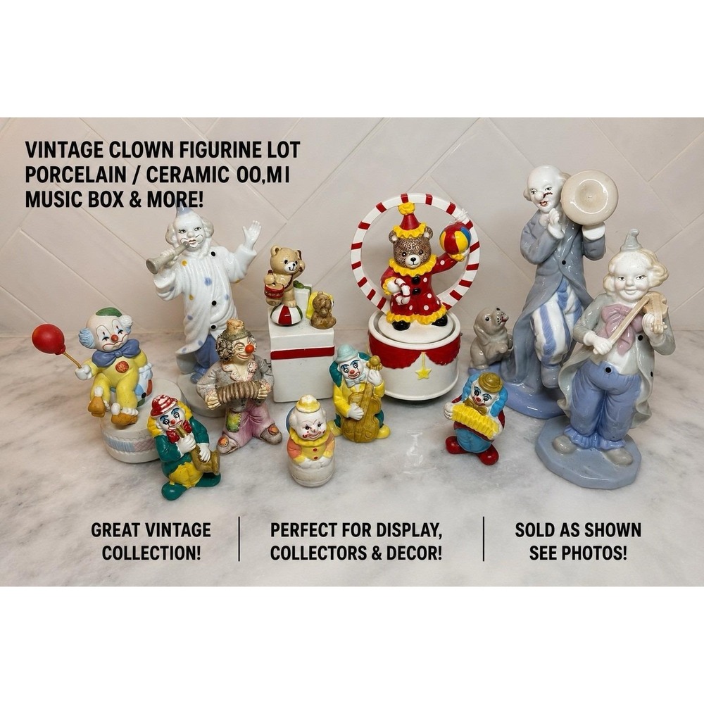vintage Clown Figurine Lot Porcelain Music Box Circus Band Ceramic Decor
